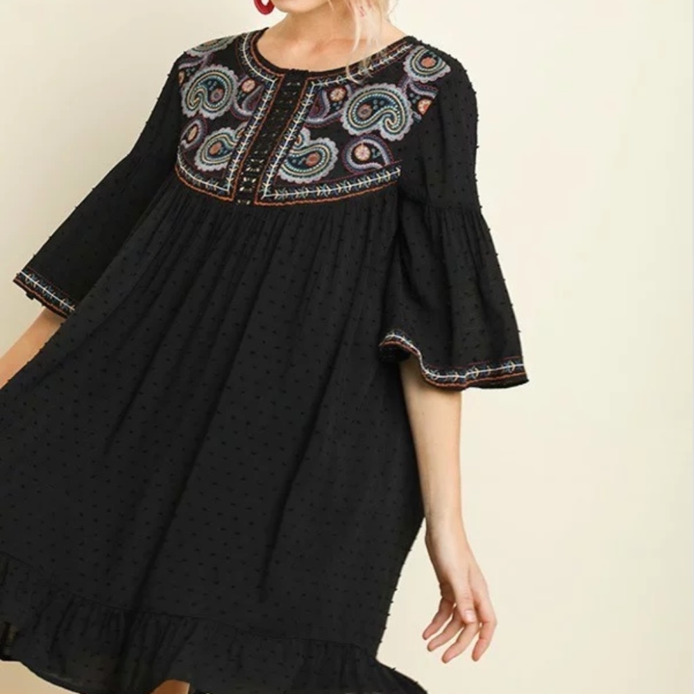 Embroidered Dot Print Dress in Black Boho Hippie